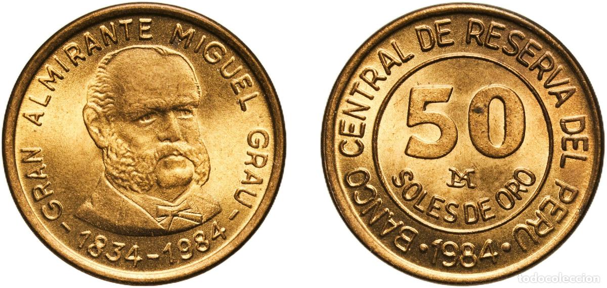 Material numism&aacute;tico: Peru Republic 1984 LIMA 50 Soles de Oro (Miguel Grau) Brass Lima Mint (11475000) 2g UNC KM 297 Sch
