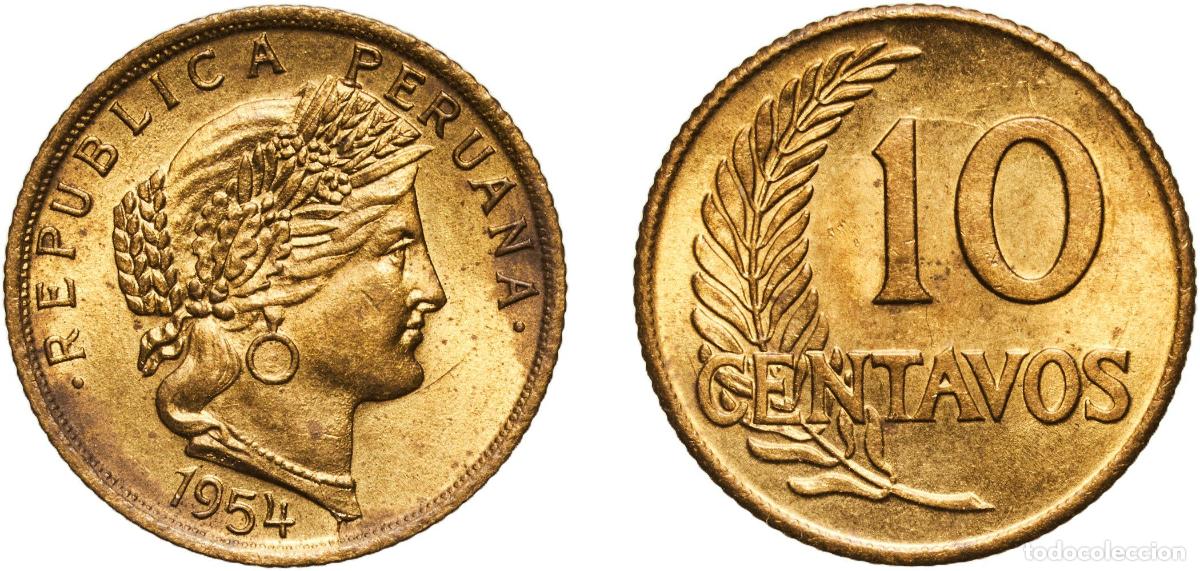 Material numism&aacute;tico: Peru Republic 1954 10 Centavos Brass (70% Copper, 30% Zinc) Lima Mint (7786000) 2.84g UNC KM 224.2
