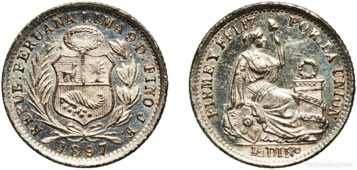 Material numism&aacute;tico: Peru Republic 1897 JF &frac12; Dinero Silver (.900) (320000) 1.25g UNC KM 206