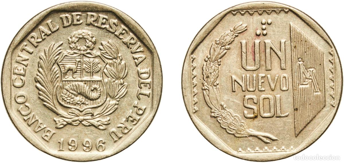 Material numism&aacute;tico: Peru Republic 1996 LIMA 1 Nuevo Sol (1st type; with braille) Nickel brass (Copper-nickel-zinc) Lima