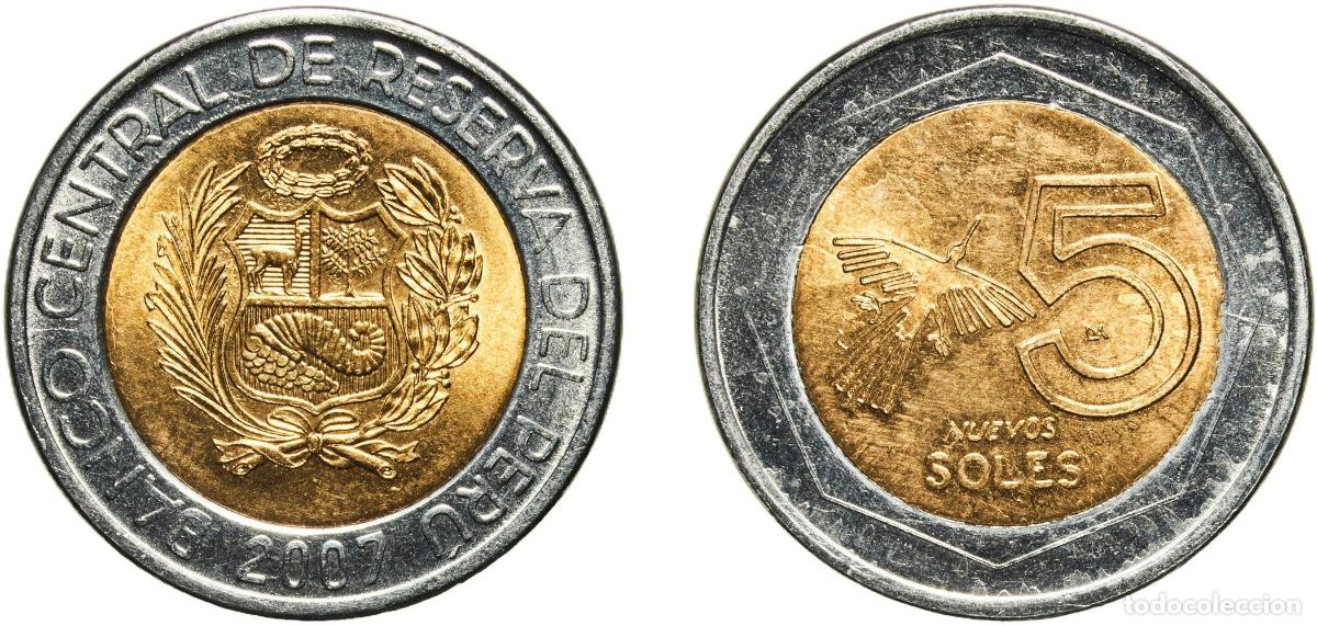 Material numism&aacute;tico: Peru Republic 2007 LIMA 5 Nuevos Soles (1st type) Bimetallic: brass centre in steel ring Lima Mint