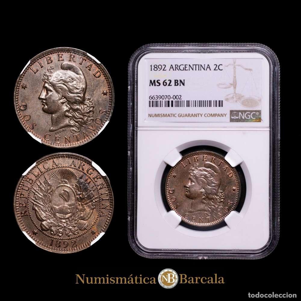 Material numism&aacute;tico: Argentina. 2 centavos. 1892. (Km-33). Ae. 10,00 gramos. Encapsulado por NGC como MS 62 BN.