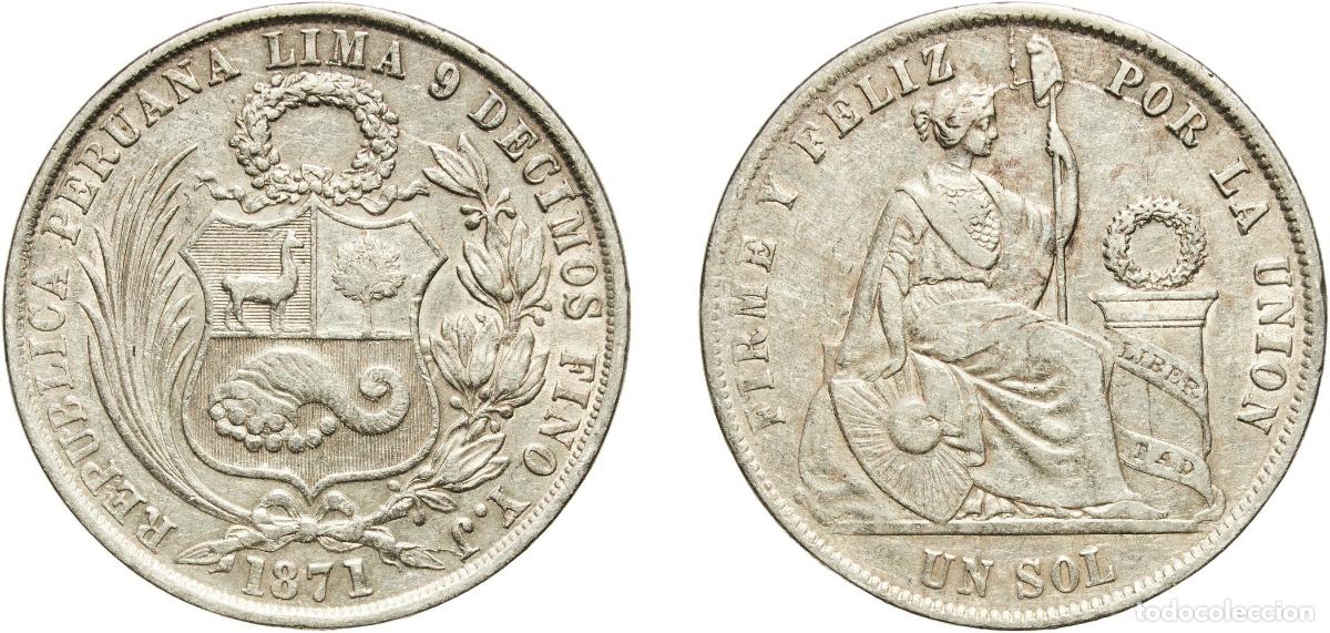 Material numism&aacute;tico: Peru Republic 1871 YJ 1 Sol Silver (.900) (Copper .100) Lima Mint 24.83g XF KM 196.3