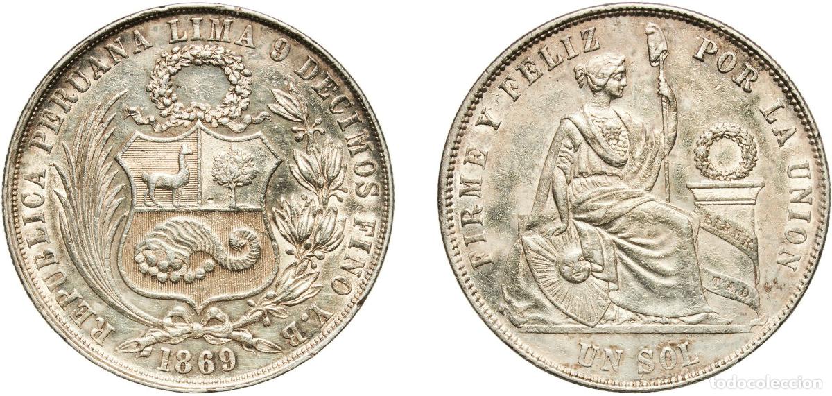 Material numism&aacute;tico: Peru Republic 1869 YB 1 Sol Silver (.900) (Copper .100) Lima Mint 25.05g AU KM 196.3