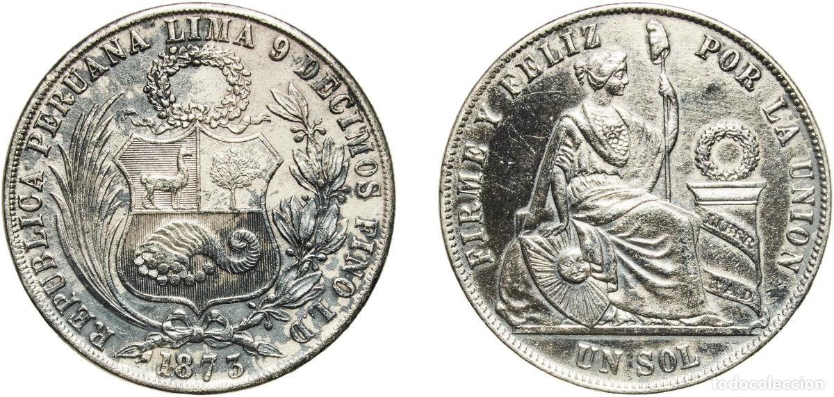 Material numism&aacute;tico: Peru Republic 1873 LD 1 Sol Silver (.900) (Copper .100) Lima Mint (445230) 24.88g XF KM 196.4