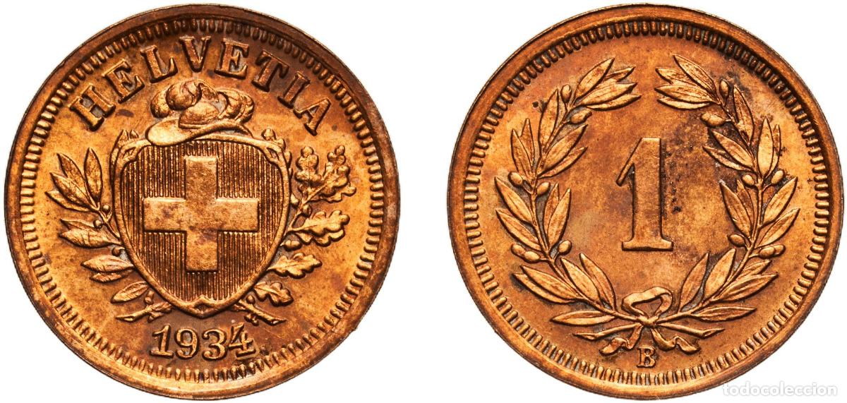 Material numism&aacute;tico: Switzerland Federal State 1934 B 1 Rappen (Wreath; bronze) Bronze (95% copper, 4% tin, 1% zinc) Ber