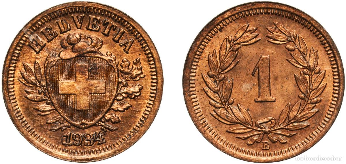 Material numism&aacute;tico: Switzerland Federal State 1934 B 1 Rappen (Wreath; bronze) Bronze (95% copper, 4% tin, 1% zinc) Ber