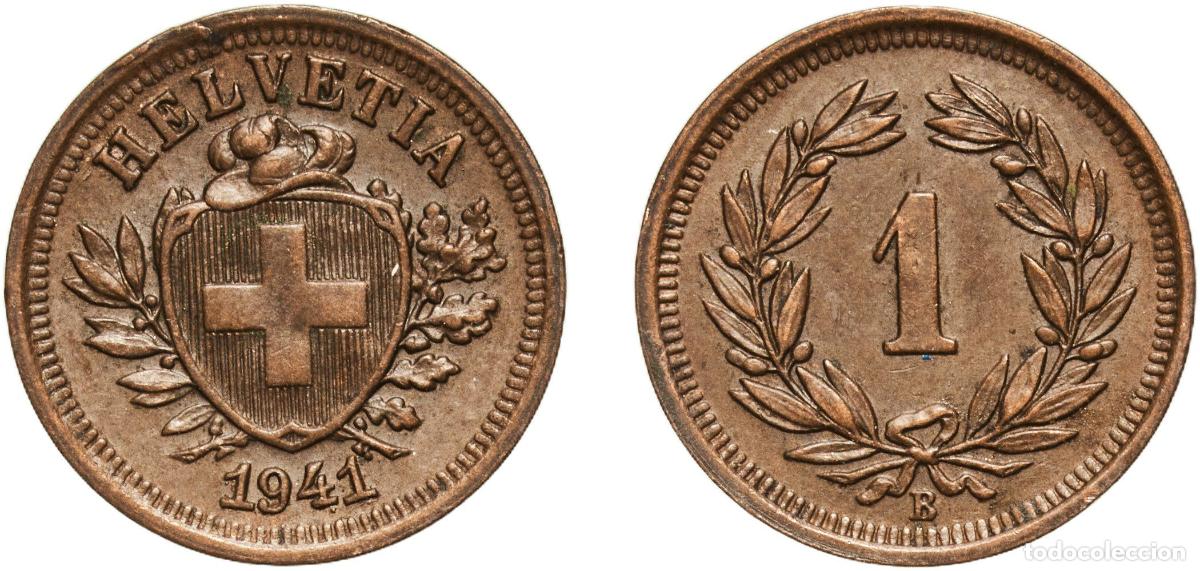 Material numism&aacute;tico: Switzerland Federal State 1941 B 1 Rappen (Wreath; bronze) Bronze (95% copper, 4% tin, 1% zinc) Ber