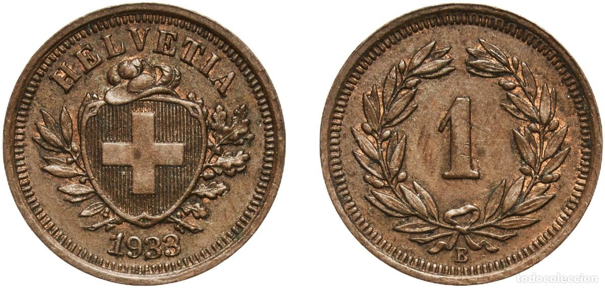 Material numism&aacute;tico: Switzerland Federal State 1933 B 1 Rappen (Wreath; bronze) Bronze (95% copper, 4% tin, 1% zinc) Ber