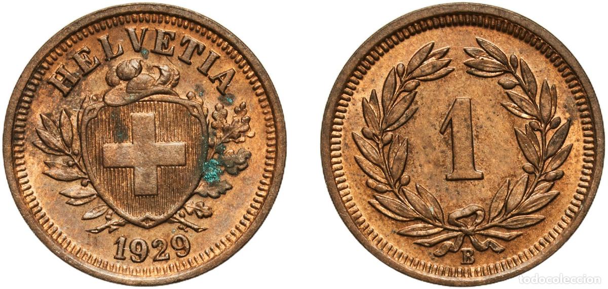 Material numism&aacute;tico: Switzerland Federal State 1929 B 1 Rappen (Wreath; bronze) Bronze (95% copper, 4% tin, 1% zinc) Ber