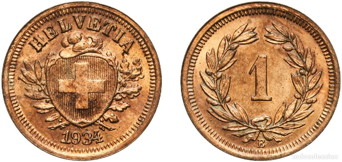 Material numism&aacute;tico: Switzerland Federal State 1934 B 1 Rappen (Wreath; bronze) Bronze (95% copper, 4% tin, 1% zinc) Ber