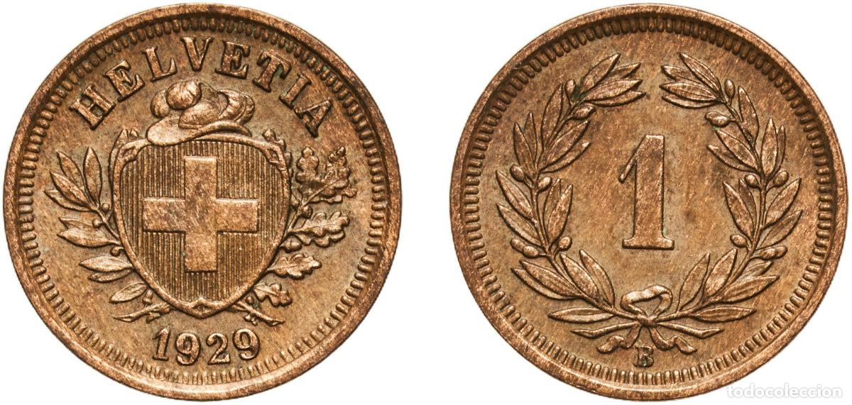 Material numism&aacute;tico: Switzerland Federal State 1929 B 1 Rappen (Wreath; bronze) Bronze (95% copper, 4% tin, 1% zinc) Ber