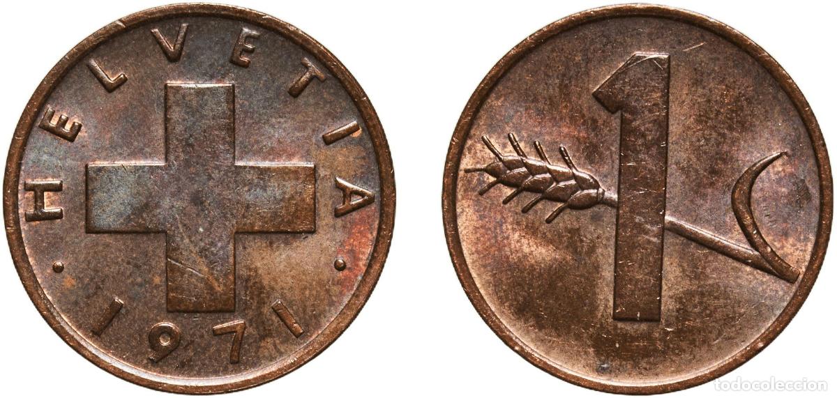 Material numism&aacute;tico: Switzerland Federal State 1971 1 Rappen (wheat spike) Bronze (95% copper, 4% tin, 1% zinc) Bern Min