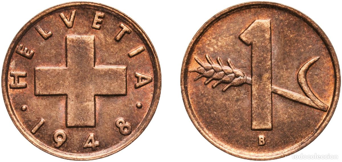 Material numism&aacute;tico: Switzerland Federal State 1948 B 1 Rappen (wheat spike) Bronze (95% copper, 4% tin, 1% zinc) Bern M