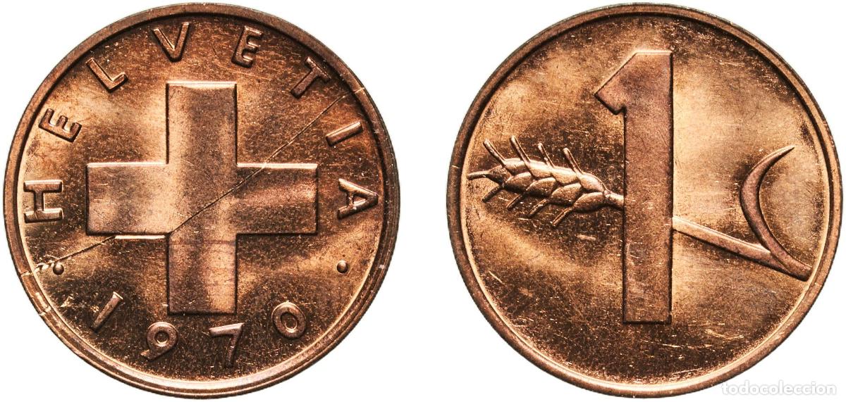 Material numism&aacute;tico: Switzerland Federal State 1970 1 Rappen (wheat spike) Bronze (95% copper, 4% tin, 1% zinc) Bern Min