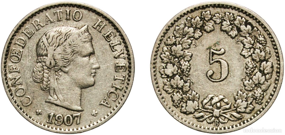 Material numism&aacute;tico: Switzerland Federal State 1907 B 5 Rappen (Libertas; copper-nickel) Copper-nickel (75% copper, 25%