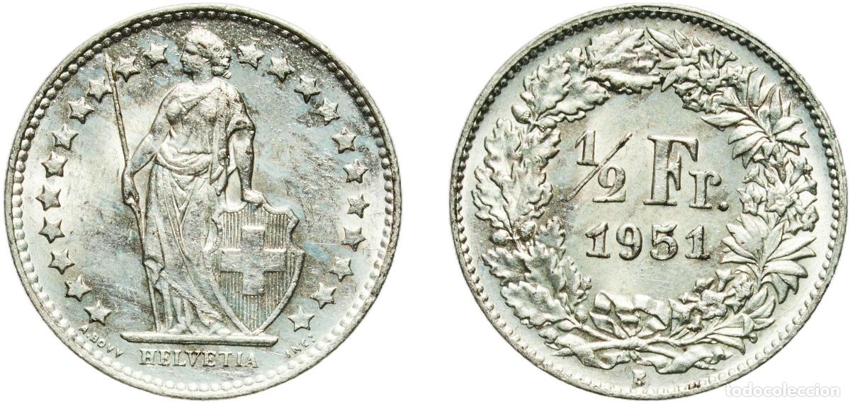 Material numism&aacute;tico: Switzerland Federal State 1951 B &frac12; Franc (Helvetia standing; silver) Silver (.835) (.165 copper) Be