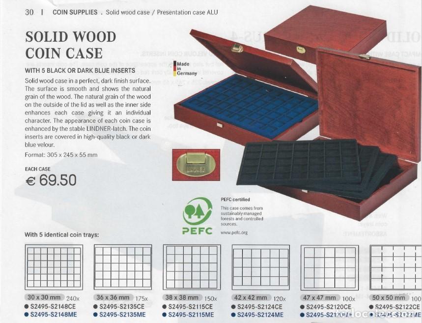 Material numism&aacute;tico: Estuche de madera maciza con 5 Bandejas. Tama&ntilde;o: 305x245x55mm.