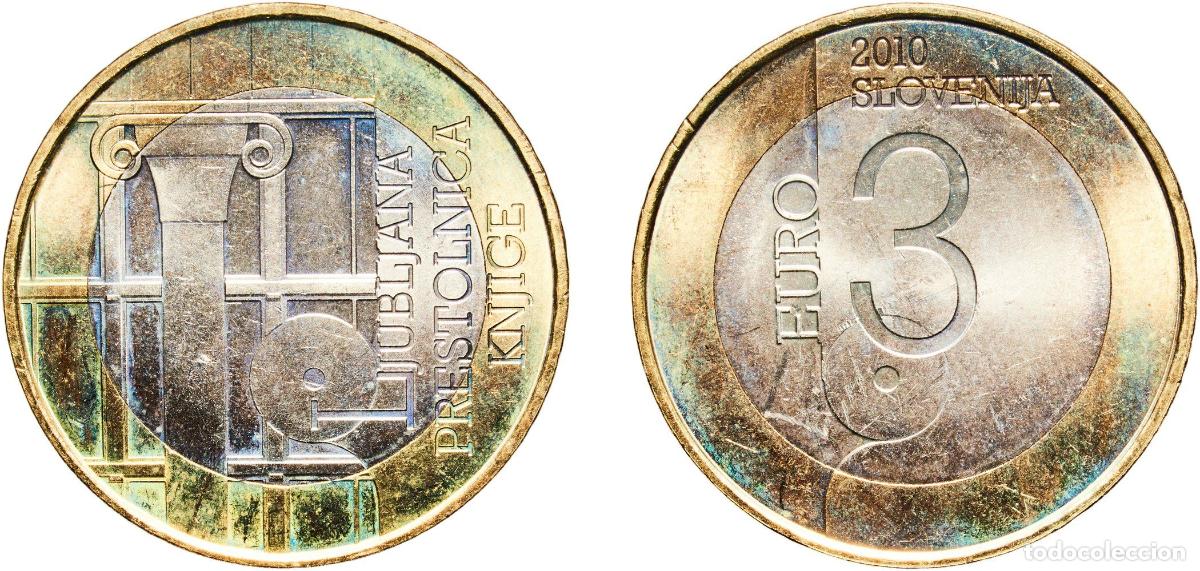 Material numism&aacute;tico: Slovenia Republic 2010 3 Euros (World Book Capital, Ljubljana) Bimetallic: copper-nickel centre in