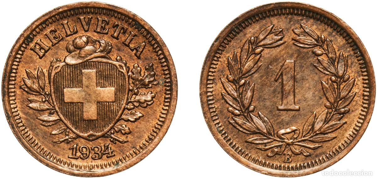 Material numism&aacute;tico: Switzerland Federal State 1934 B 1 Rappen (Wreath; bronze) Bronze (95% copper, 4% tin, 1% zinc) Ber