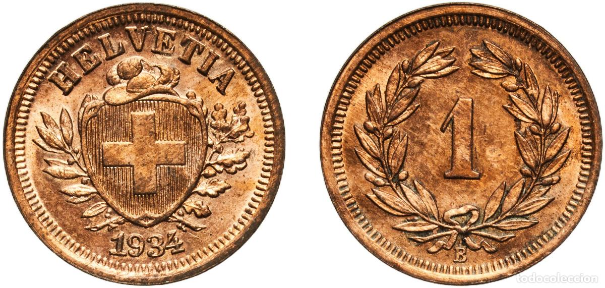 Material numism&aacute;tico: Switzerland Federal State 1934 B 1 Rappen (Wreath; bronze) Bronze (95% copper, 4% tin, 1% zinc) Ber