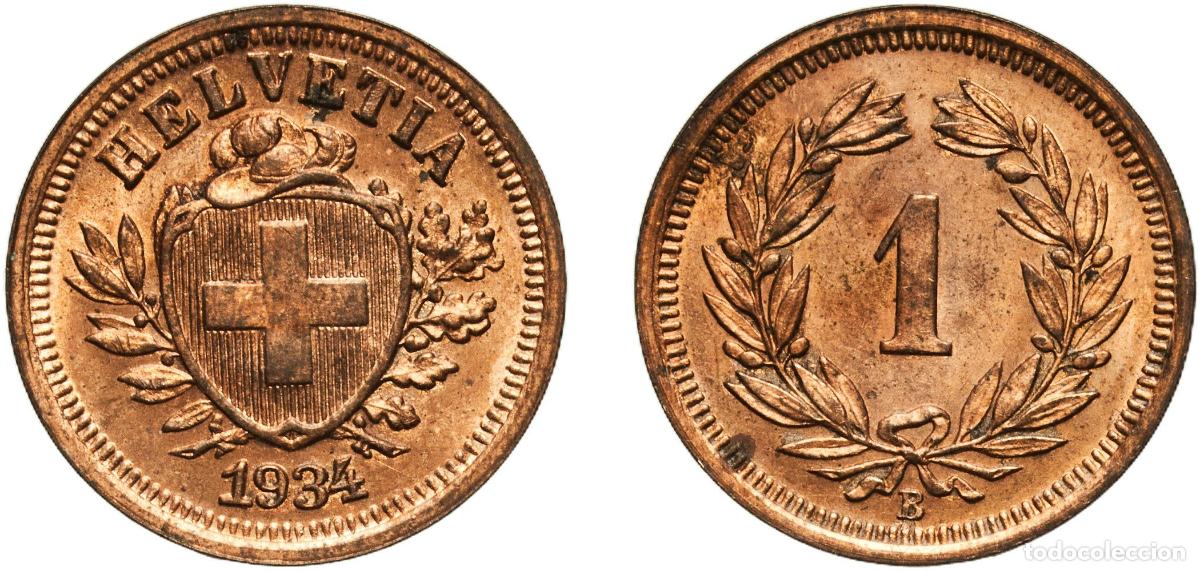 Material numism&aacute;tico: Switzerland Federal State 1934 B 1 Rappen (Wreath; bronze) Bronze (95% copper, 4% tin, 1% zinc) Ber