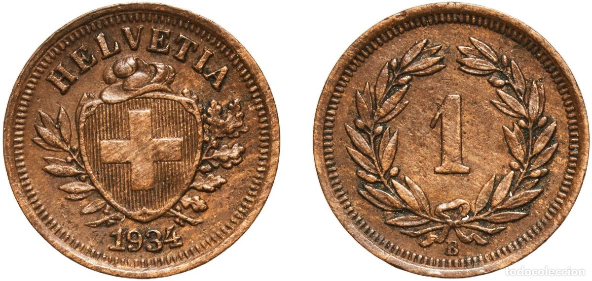Material numism&aacute;tico: Switzerland Federal State 1934 B 1 Rappen (Wreath; bronze) Bronze (95% copper, 4% tin, 1% zinc) Ber