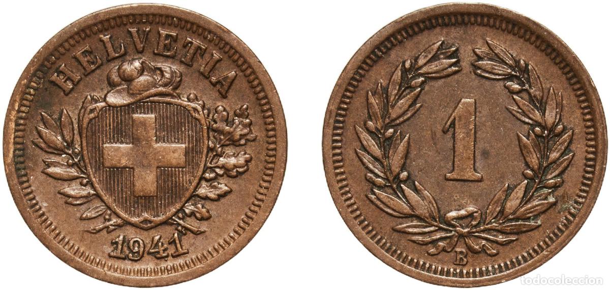 Material numism&aacute;tico: Switzerland Federal State 1941 B 1 Rappen (Wreath; bronze) Bronze (95% copper, 4% tin, 1% zinc) Ber