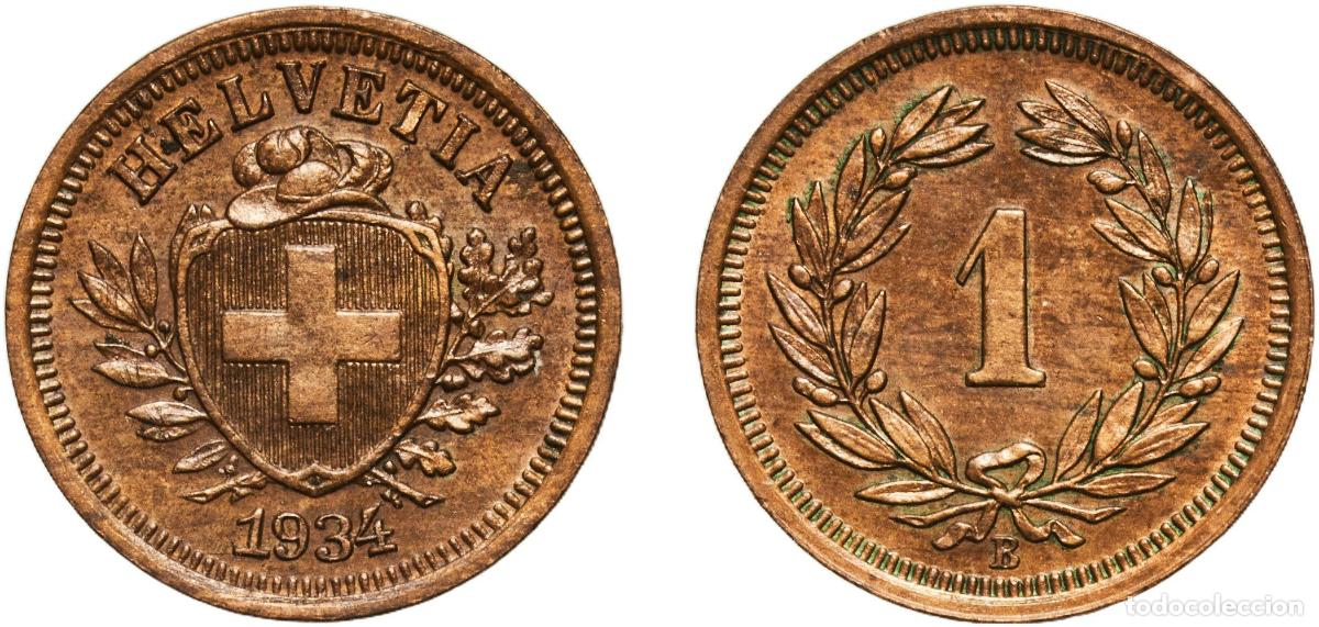 Material numism&aacute;tico: Switzerland Federal State 1934 B 1 Rappen (Wreath; bronze) Bronze (95% copper, 4% tin, 1% zinc) Ber