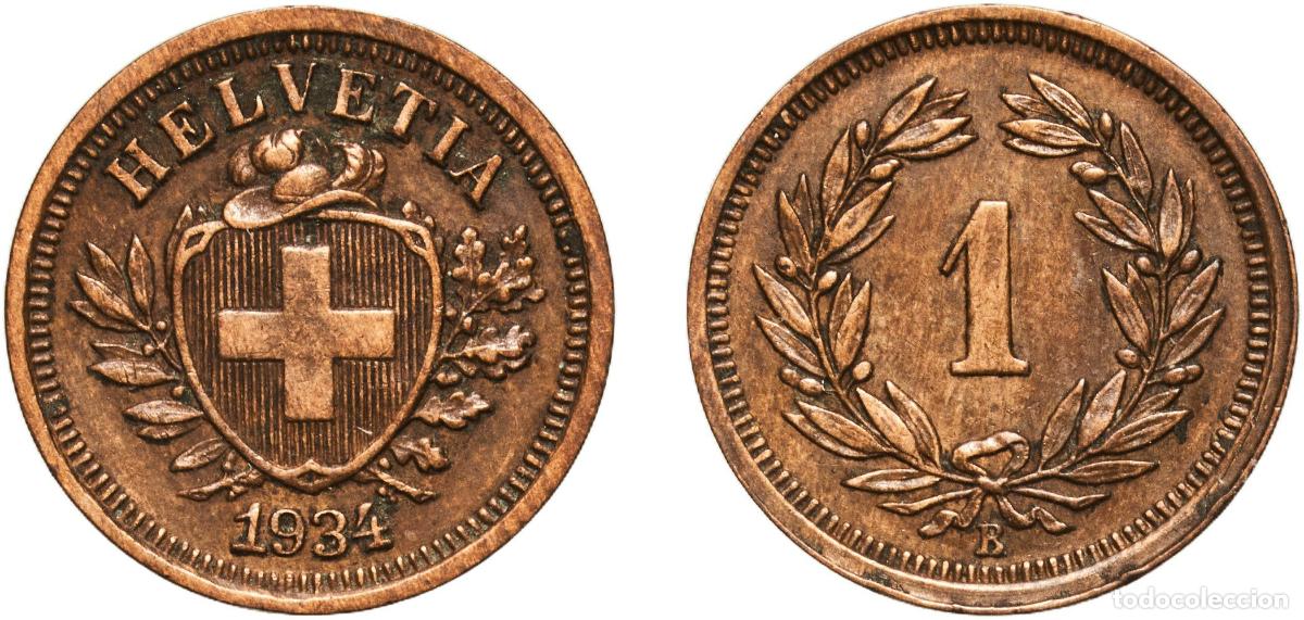Material numism&aacute;tico: Switzerland Federal State 1934 B 1 Rappen (Wreath; bronze) Bronze (95% copper, 4% tin, 1% zinc) Ber
