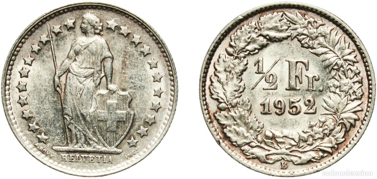 Material numism&aacute;tico: Switzerland Federal State 1952 B &frac12; Franc (Helvetia standing; silver) Silver (.835) (.165 copper) Be
