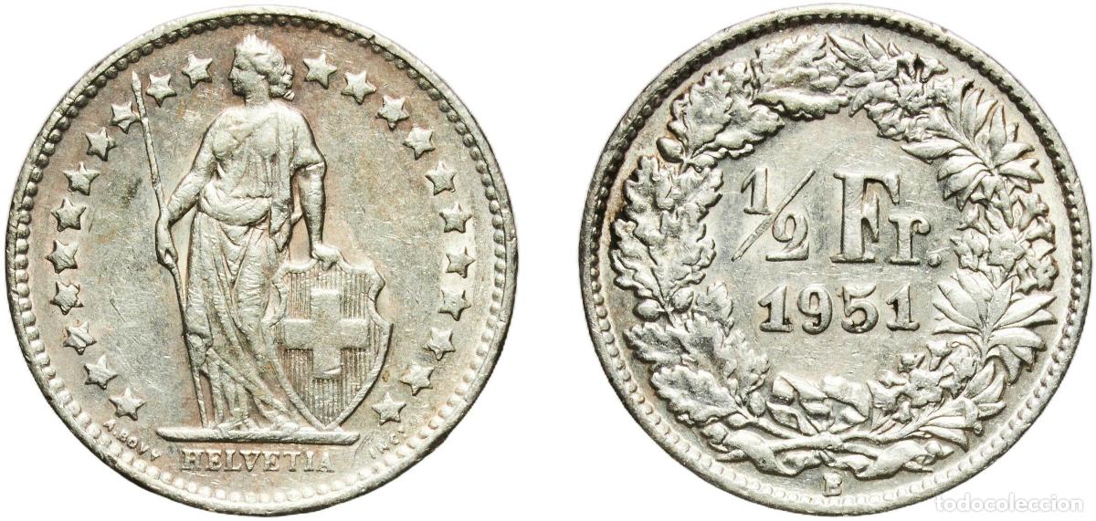 Material numism&aacute;tico: Switzerland Federal State 1951 B &frac12; Franc (Helvetia standing; silver) Silver (.835) (.165 copper) Be
