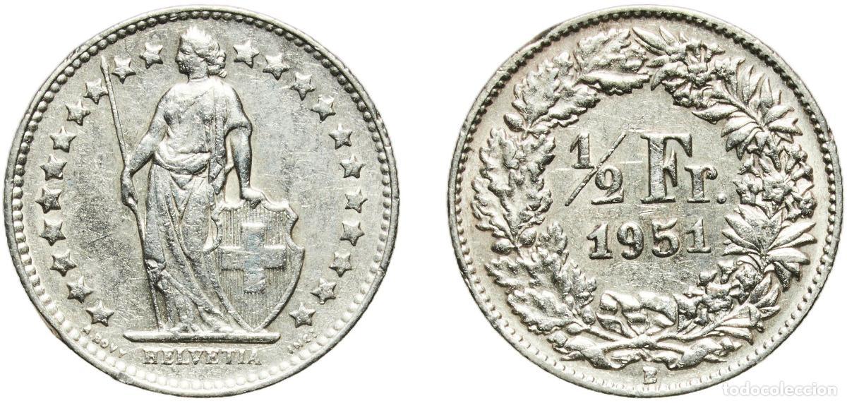 Material numism&aacute;tico: Switzerland Federal State 1951 B &frac12; Franc (Helvetia standing; silver) Silver (.835) (.165 copper) Be