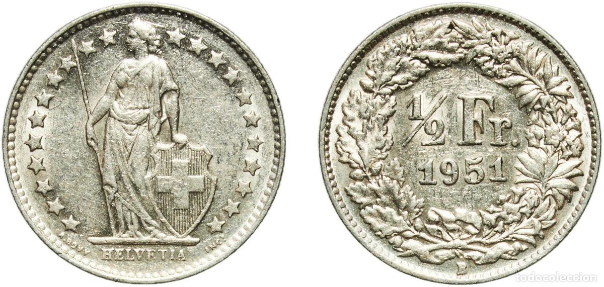 Material numism&aacute;tico: Switzerland Federal State 1951 B &frac12; Franc (Helvetia standing; silver) Silver (.835) (.165 copper) Be