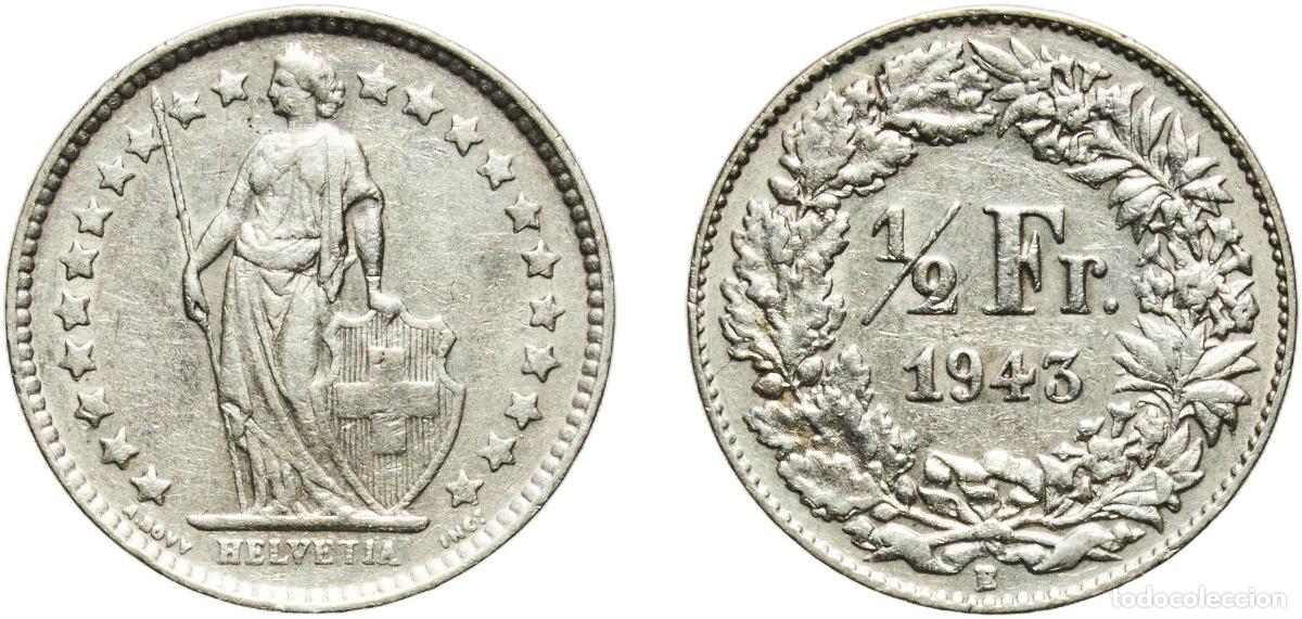 Material numism&aacute;tico: Switzerland Federal State 1943 B &frac12; Franc (Helvetia standing; silver) Silver (.835) (.165 copper) Be
