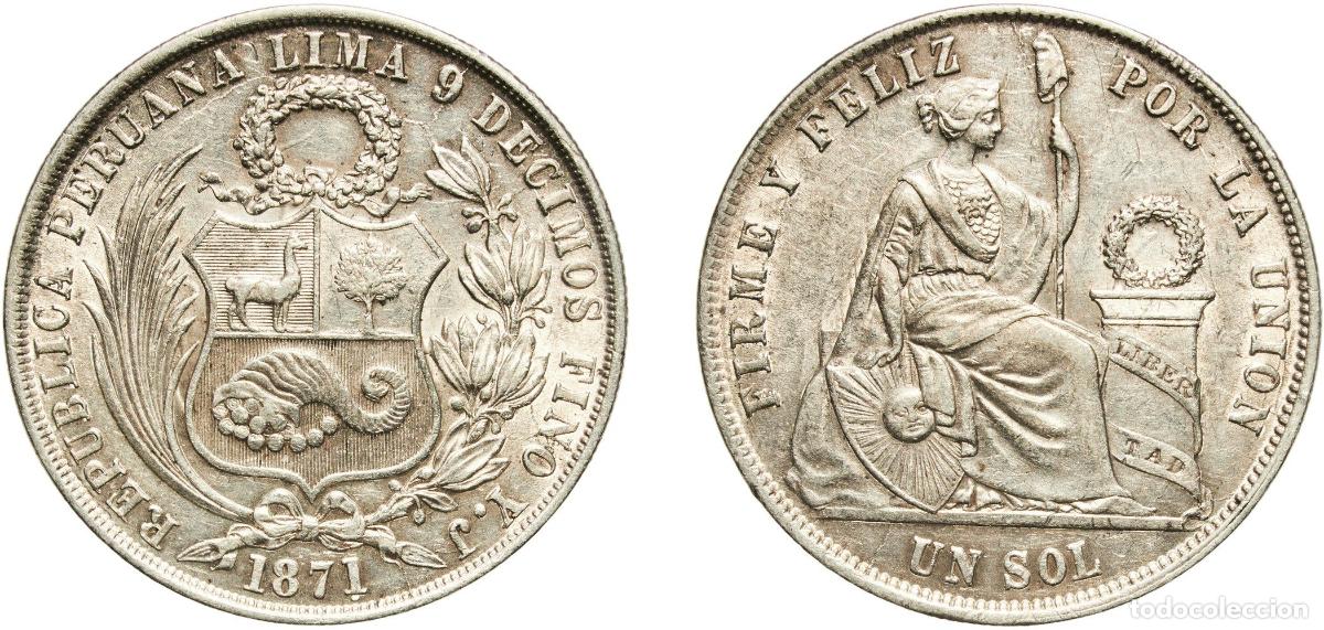 Material numism&aacute;tico: Peru Republic 1871 YJ 1 Sol (dot below &rdquo;1&rdquo; in date) Original luster Silver (.900) (Copper .100) Lim