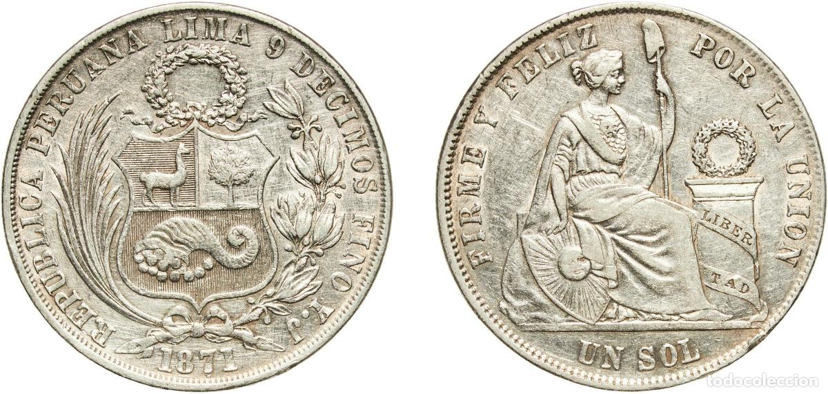 Material numism&aacute;tico: Peru Republic 1871 YJ 1 Sol (dot below &rdquo;7&rdquo; in date) Silver (.900) (Copper .100) Lima Mint 24.89g XF