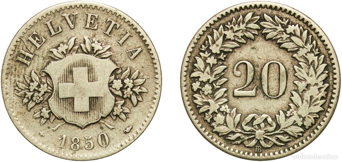 Material numism&aacute;tico: Switzerland Federal State 1850 BB 20 Rappen (Coat of arms) Billon (.150 silver) Strasbourg Mint (11