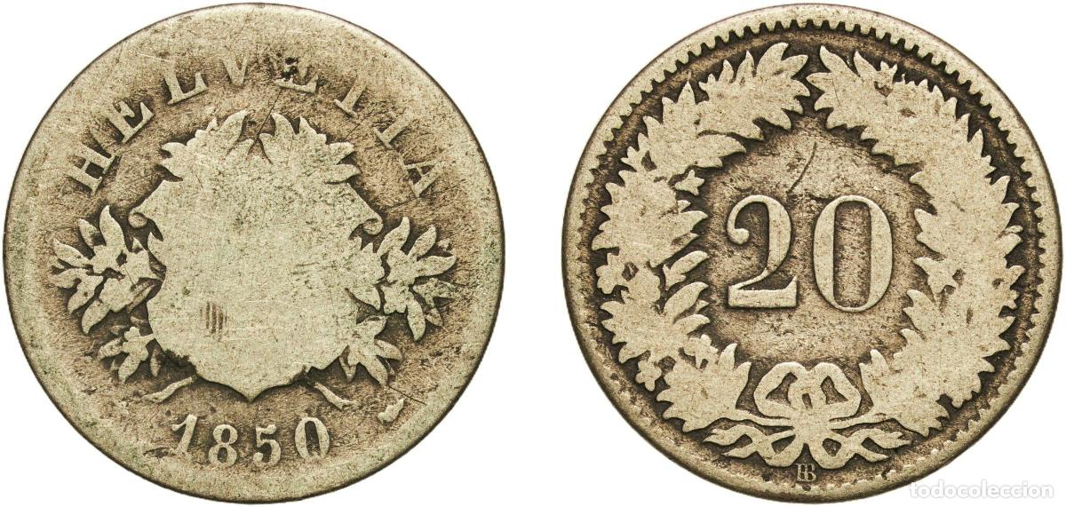 Material numism&aacute;tico: Switzerland Federal State 1850 BB 20 Rappen (Coat of arms) Billon (.150 silver) Strasbourg Mint (11