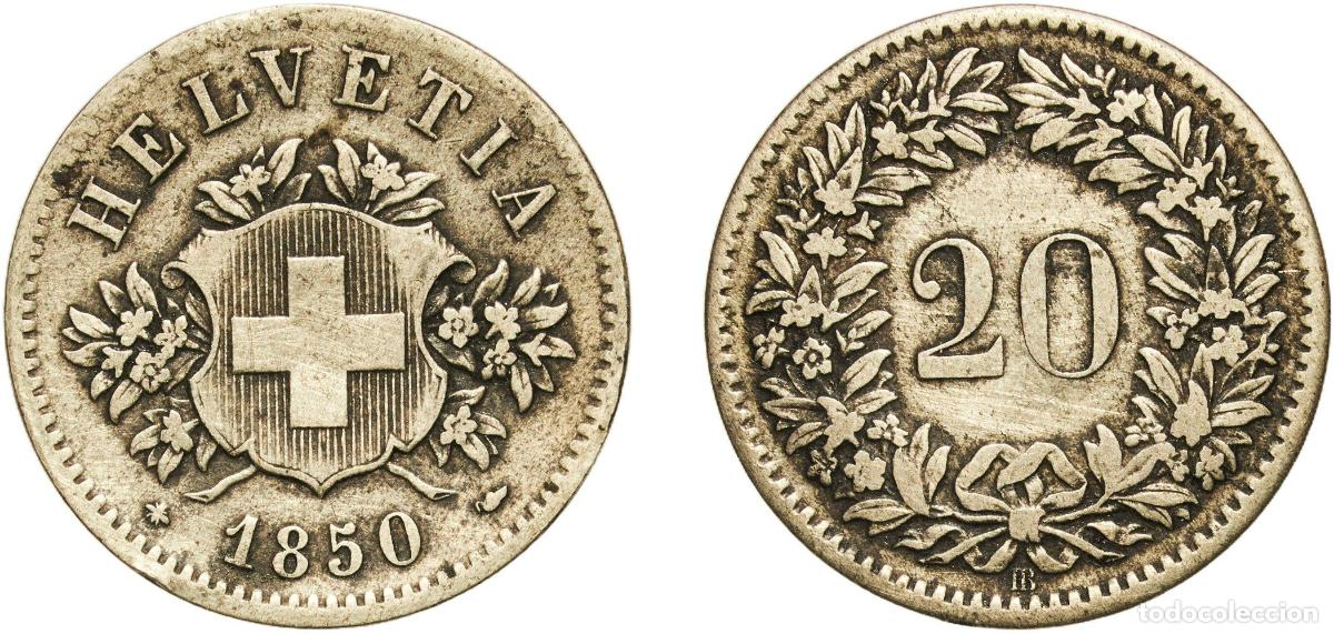 Material numism&aacute;tico: Switzerland Federal State 1850 BB 20 Rappen (Coat of arms) Billon (.150 silver) Strasbourg Mint (11