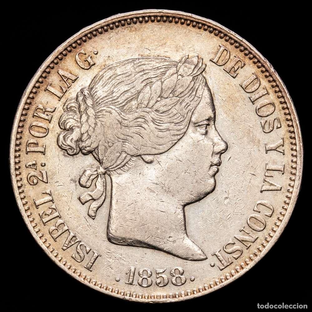 Material numism&aacute;tico: Isabel II (1833-1868). 20 reales. 1858. Madrid. (Cal-615). Ag. 25,78 gramos. Suave tono. MBC+.