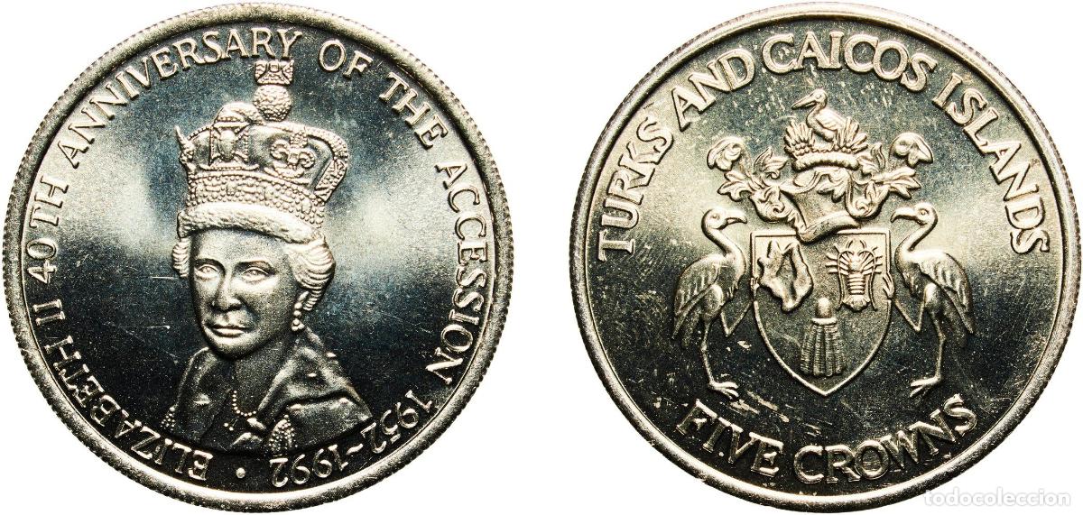 Material numism&aacute;tico: Turks and Caicos Islands British colony 1992 5 Crowns - Elizabeth II (Jubilee) Copper-nickel Osborn