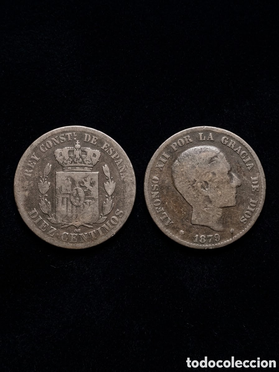 Material numism&aacute;tico: 10 c&eacute;ntimos acu&ntilde;ada en 1879 durante el reinado de Alfonso XII.
