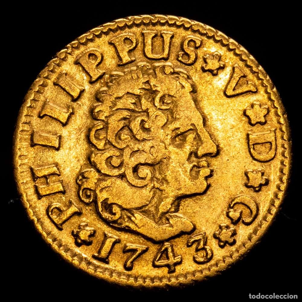 Material numism&aacute;tico: Felipe V (1700-1746). 1/2 escudo. 1743. Sevilla. PJ. (Cal-1646). Au. 1,73 gramos. MBC.