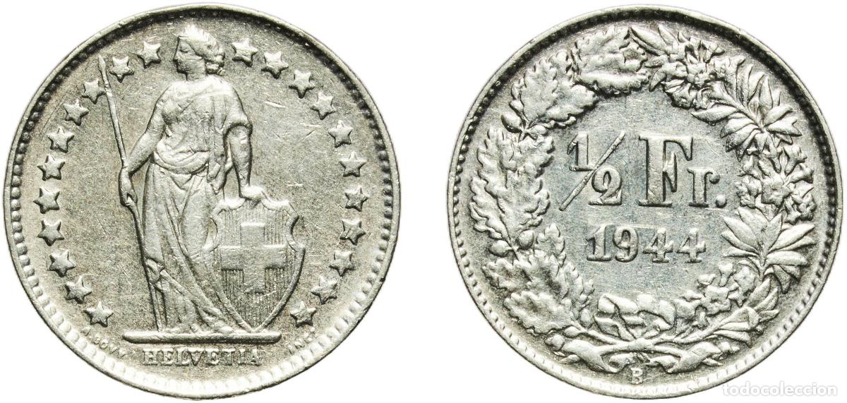 Material numism&aacute;tico: Switzerland Federal State 1944 B &frac12; Franc (Helvetia standing; silver) Silver (.835) (.165 copper) Be