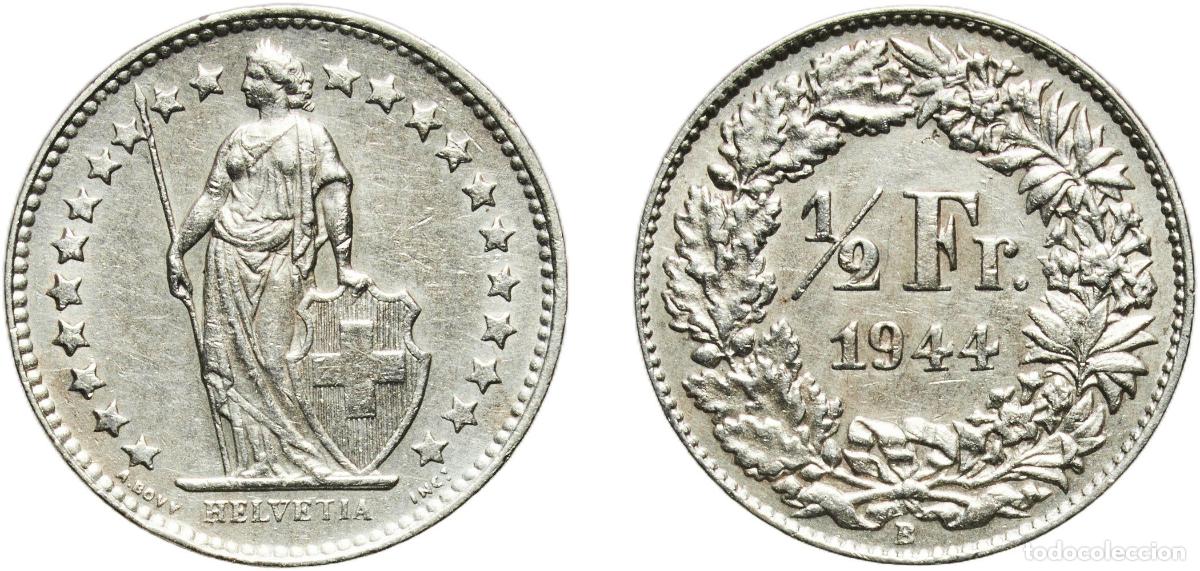 Material numism&aacute;tico: Switzerland Federal State 1944 B &frac12; Franc (Helvetia standing; silver) Silver (.835) (.165 copper) Be