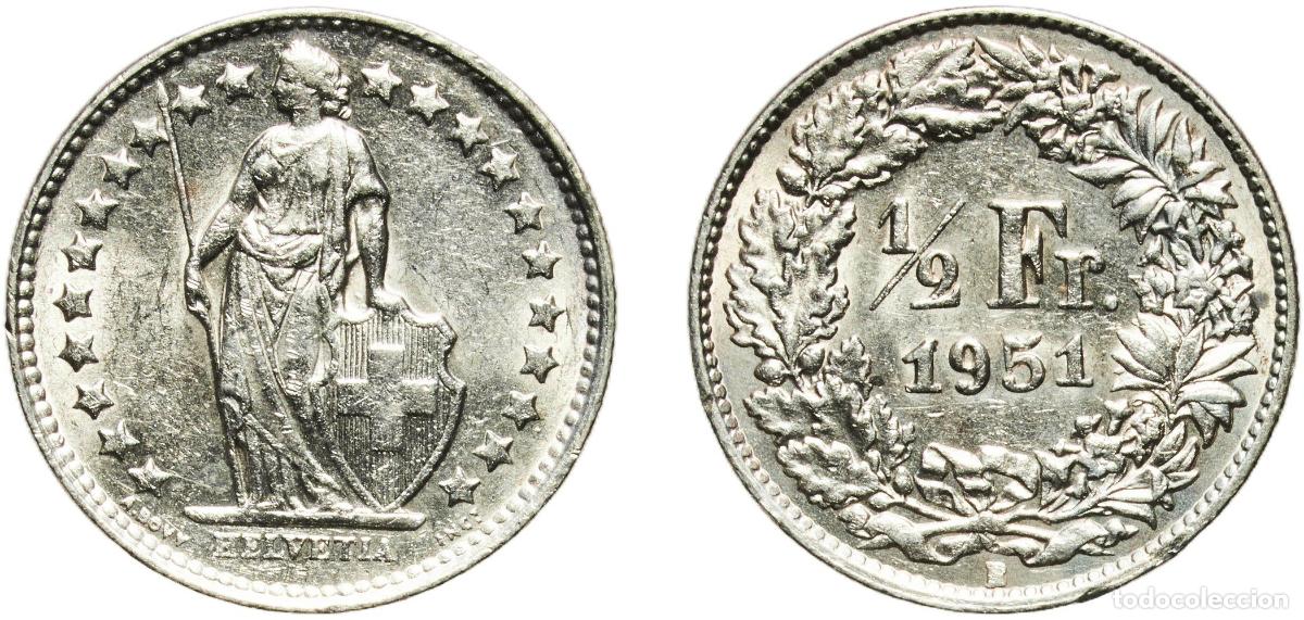 Material numism&aacute;tico: Switzerland Federal State 1951 B &frac12; Franc (Helvetia standing; silver) Silver (.835) (.165 copper) Be
