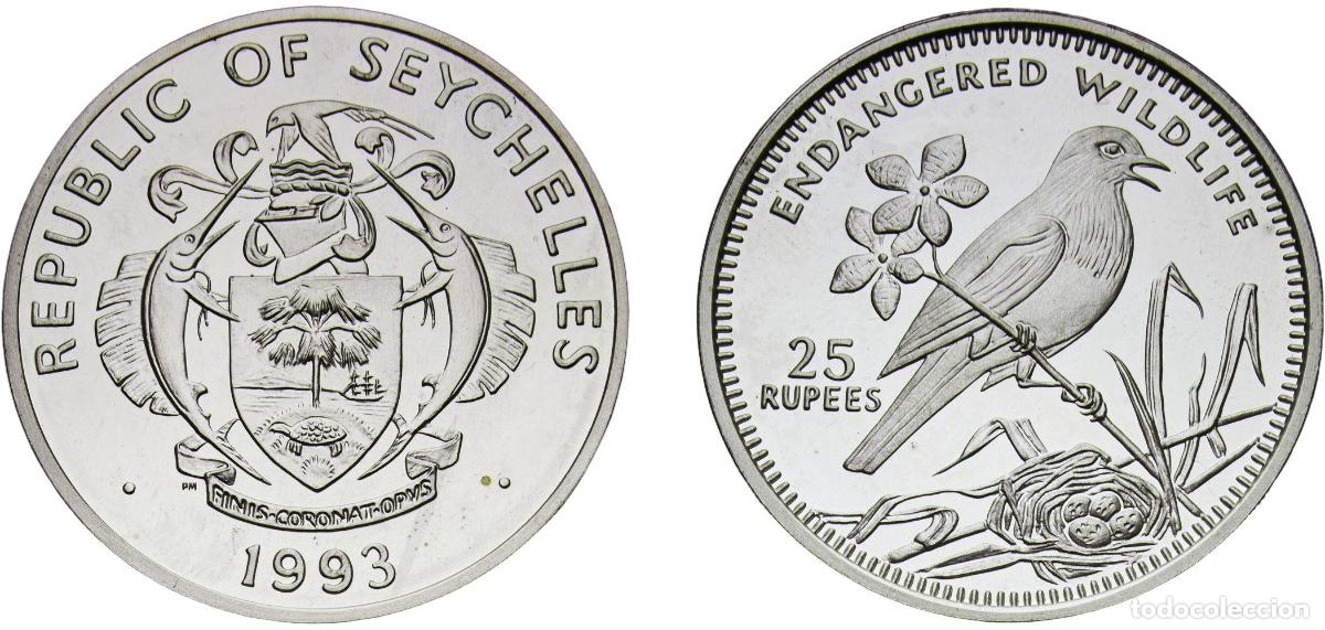 Material numism&aacute;tico: Seychelles Republic 1993 PM 25 Rupees (Magpie Robin) Silver (.925) Pobjoy Mint (20000) 28.4g PF KM