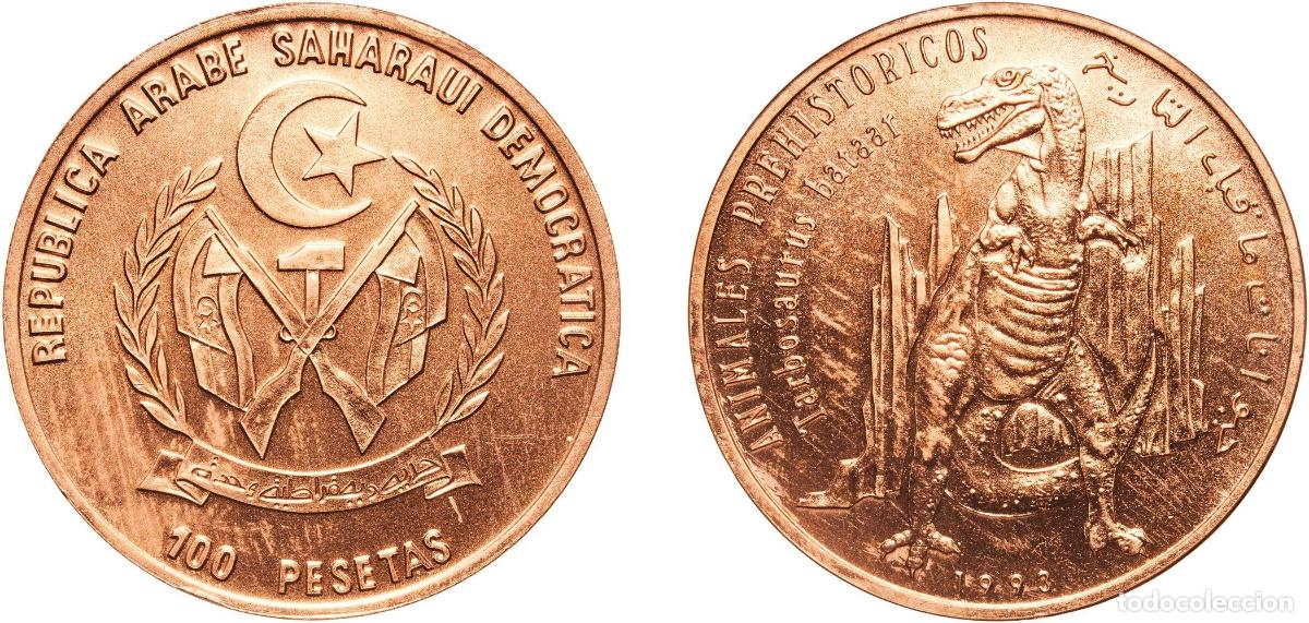 Material numism&aacute;tico: Western Sahara Sahrawi Arab Democratic Republic 1993 100 Pesetas (Tarbosaurus) Copper Empresa Cuban