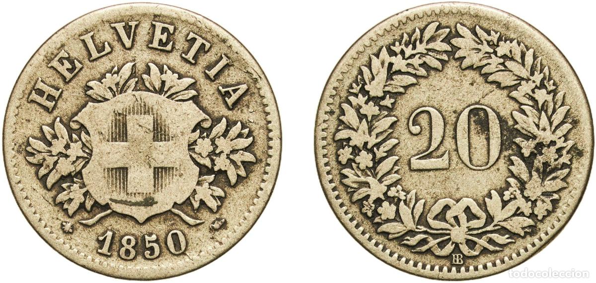 Material numism&aacute;tico: Switzerland Federal State 1850 BB 20 Rappen (Coat of arms) Billon (.150 silver) Strasbourg Mint (11